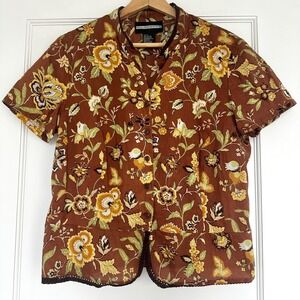 Requirements Floral Button Down Top Short Sleeve‎ Brown Yellow Blouse L